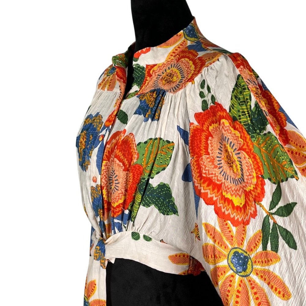 Nicole Miller Floral Boho Top Cream Orange Puff Sleeve Cottagecore Tropical - Picture 17 of 17